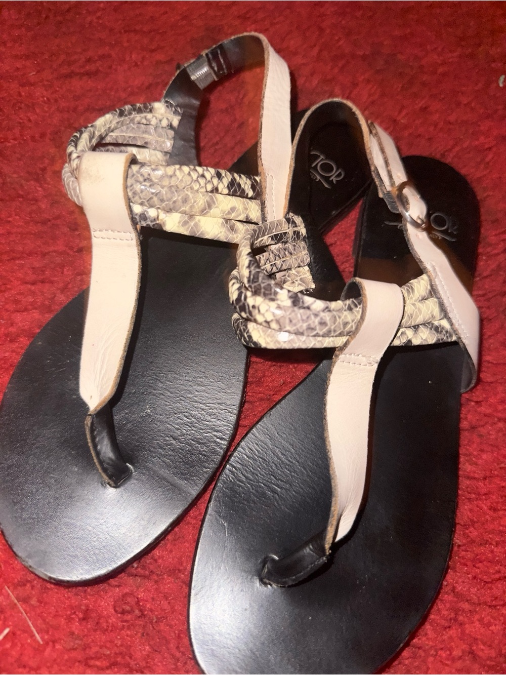 Vionic Beige and Black Snake-Print Leather T-Strap Sandals